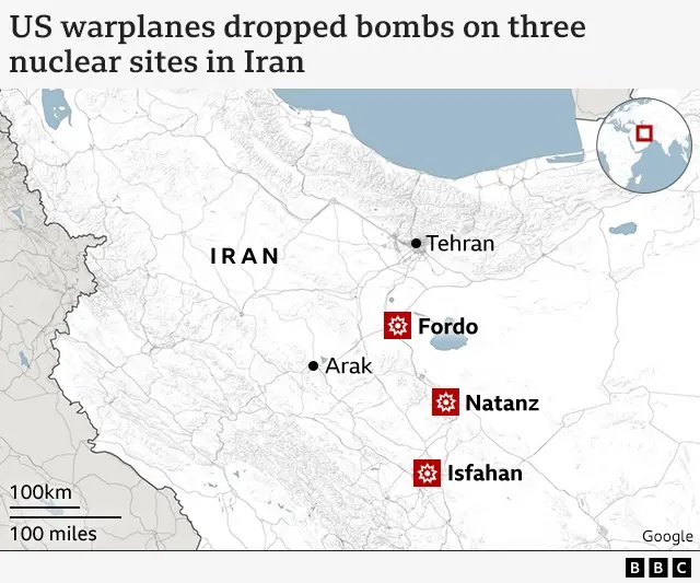 A map the three nuclear sites the US struck: Fordo, Natanz, and Isfahan