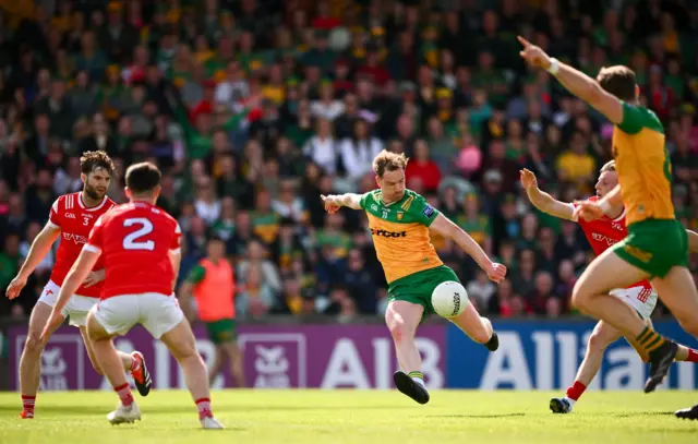 Ciaran Thompson of Donegal shoots to score his side's second goal