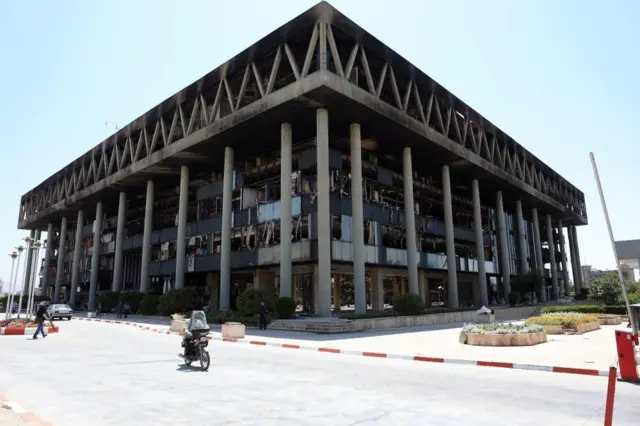 The damaged building of Iranian state TV after an Israeli airstrike in Tehran, taken on 19 June