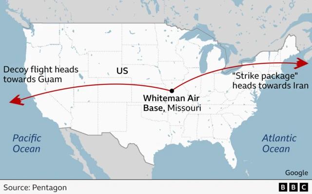 A map showing Whiteman Air Bas in Missouri, America. Two red arrows come out from it, one going left and one going right. The arrow pointing left says Decoy flight heads towards Guam. The arrow going towards the right says "Strike package" heads towards Iran.