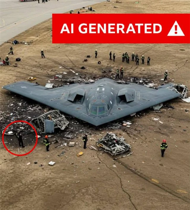 A large B-2 jet is seen on the ground with several first responders encircling it. There is a man circled in red, who appears to be merging with the background. A large AI-generated warning is overlaid on the image.