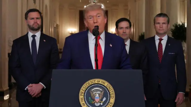 U.S. President Donald Trump delivers an address to the nation accompanied by U.S. Vice President JD Vance, U.S. Secretary of State Marco Rubio and U.S. Defense Secretary Pete Hegseth