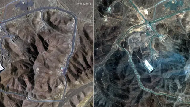 satellite images over Fordow underground complex, before and after the U.S. struck the underground nuclear facility,