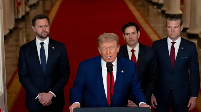 US Vice President JD Vance, US President Donald Trump, Marco Rubio, US secretary of state, and Pete Hegseth, US secretary of defense, during an address to the nation in the East Room of the White House in Washington, DC, US, on Saturday, June 21, 2025.
