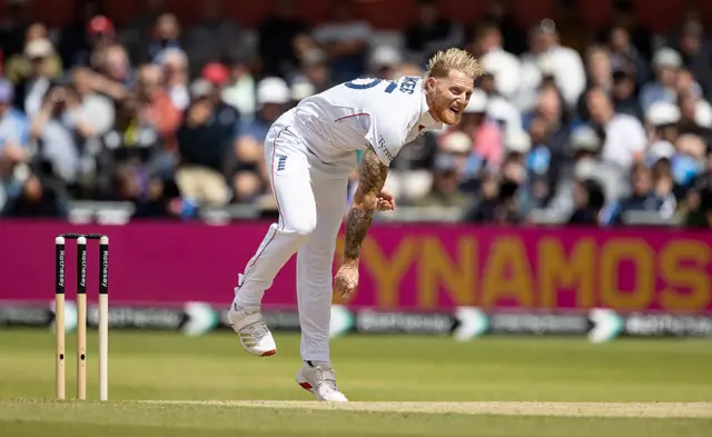 Ben Stokes on the follow through from a bowl