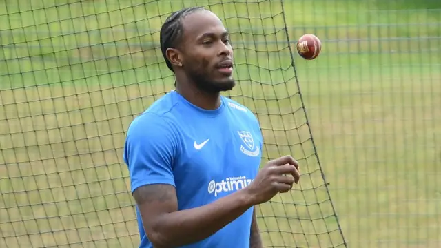 Jofra Archer tossing the ball in the air during a net session for Sussex