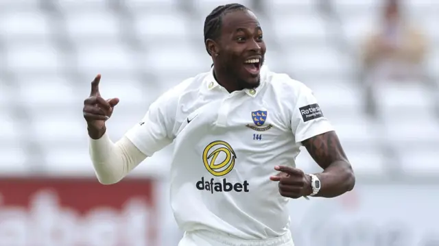 Jofra Archer celebrates taking the wicket of Emilio Gay