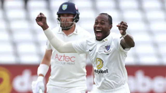 Jofra Archer celebrating the wicket of Emilio Gay