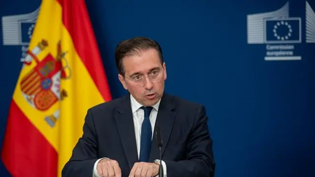 The Minister of Foreign Affairs, European Union and Cooperation, Jose Manuel Albares, during a press conference at the headquarters of the European Commission