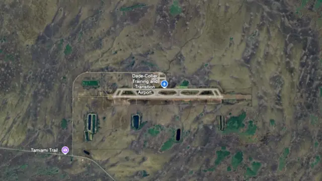 A Google maps view showing the planned site of "Alligator Alcatraz" in the middle of a Florida swamp