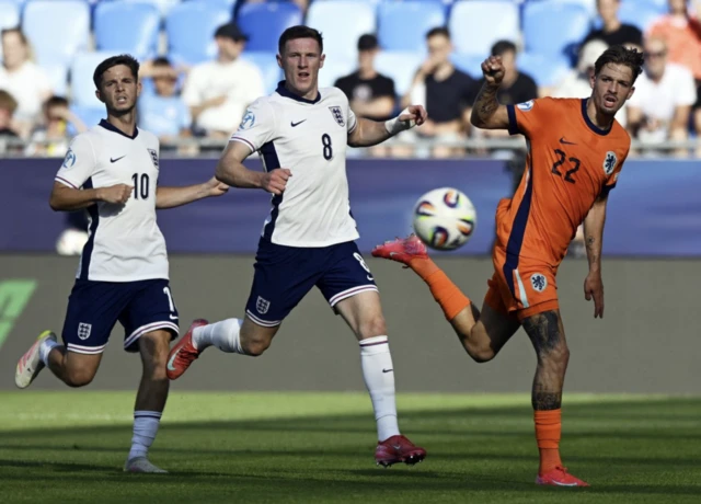 England's Elliot Anderson and James McAtee in action with Netherlands' Luciano Valente