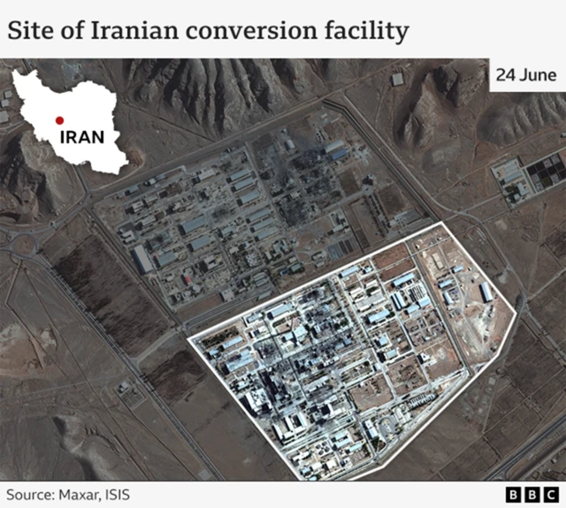 Satellite image showing damage to Iranian conversion facility.