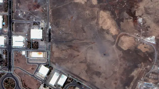 An aerial image of a hole at the Isfahan nuclear site in Iran after US bombing attacks