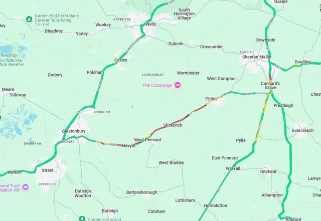 A Google Maps screenshot showing areas of red and yellow traffic on the A361.