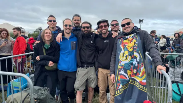 Group of poeple at the front of Glastonbury Festival queue