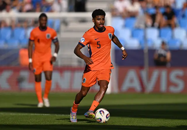 Ian Maatsen of the Netherlands runs with the ball