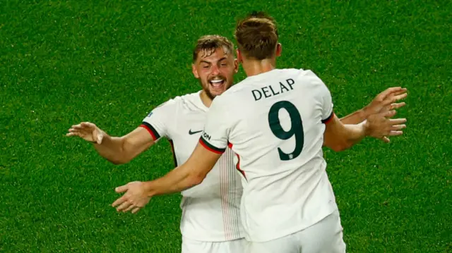 Chelsea's Liam Delap celebrates scoring against ES Tunis with Kiernan Dewsbury-Hall