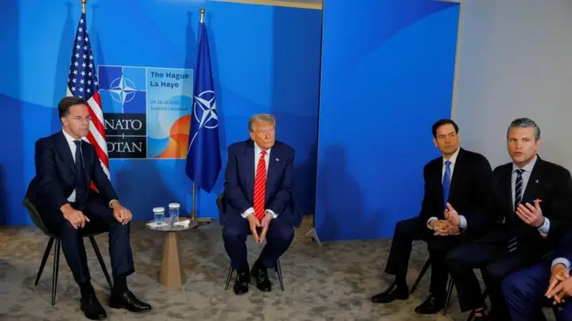 U.S. Secretary of Defense Pete Hegseth speaks next to U.S. Secretary of State Marco Rubio, as U.S. President Donald Trump meets with NATO Secretary General Mark Rutte, at the NATO summit in The Hague, Netherlands, June 25, 2025