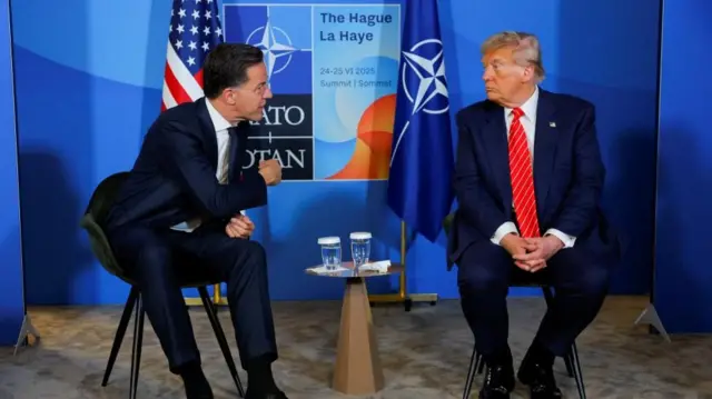 U.S. President Donald Trump meets with NATO Secretary General Mark Rutte at the NATO summit in The Hague, Netherlands, June 25, 2025