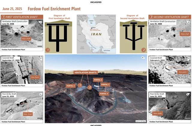 Various pictures of a nuclear site on one page. There's three aerial pictures of each ventilation shaft, in black and white, showing the aim points and main shafts. There's also two diagrams of the inside of the shafts, as well as an Iran map and a 3D map.