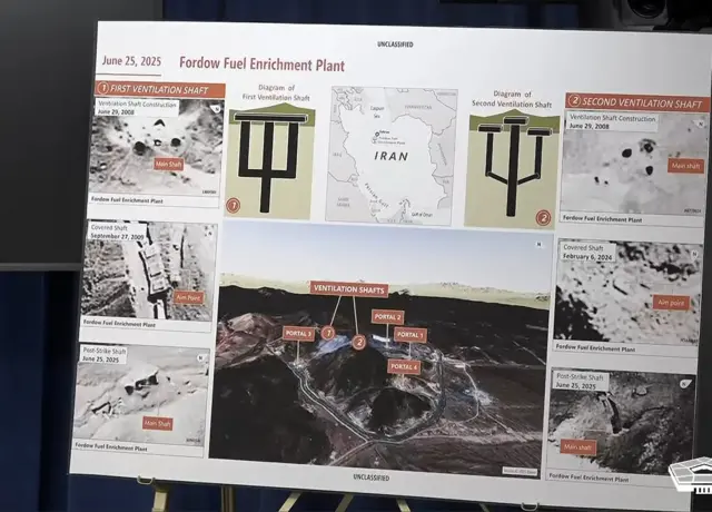 a board shows the fordo enrichment site and the targets the US military struck