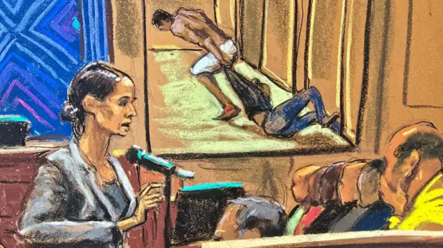 In court sketch, Christy Slavik makes her closing arguments to the jury. Jury members are seen on the right. On the top right, a screen is showing a video of Diddy dragging Cassie Ventura on the floor of a hotel.