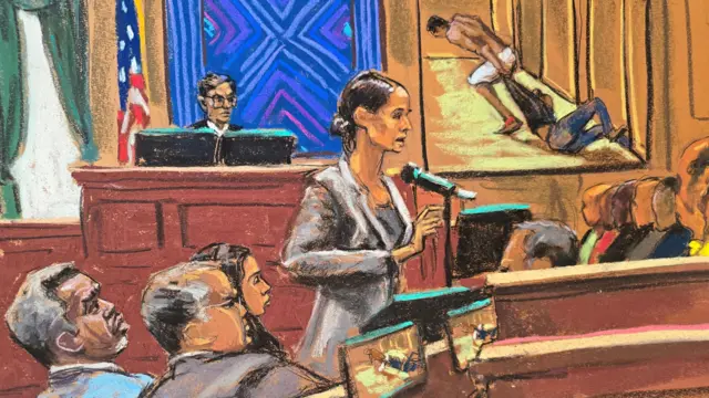 Sean "Diddy" Combs listens alongside his lawyers Marc Agnifilo and Teny Geragos as Assistant U.S. Attorney Christy Slavik makes her closing arguments as U.S. District Judge Arun Subramanian presides during Combs' sex trafficking trial in New York City, New York, U.S., June 26, 2025 in this courtroom sketch.