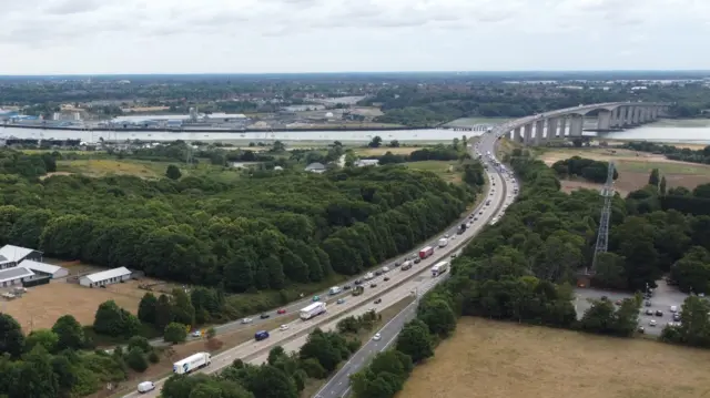 A drone image of the A14 on the approach to the Orwell Bridge