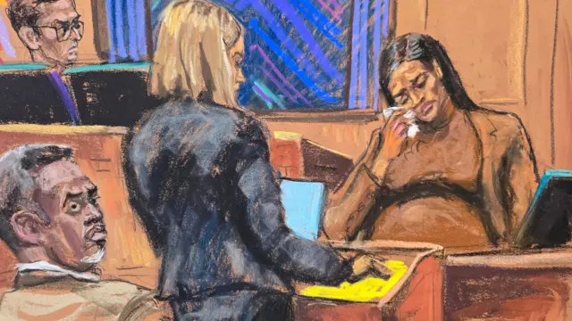 Sean "Diddy" Combs watches as his former girlfriend Casandra "Cassie" Ventura reacts during testimony to prosecutor Emily Johnson before U.S. District Judge Arun Subramanian at Combs' sex trafficking trial in New York City, New York, U.S., May 13, 2025 in this courtroom sketch.