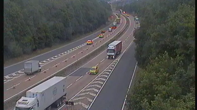 A view of traffic moving along the A14 near Ipswich. Traffic moves down each side of the carriageway.