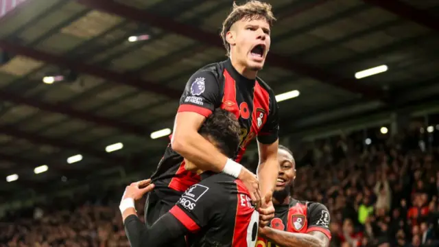 Evanilson of Bournemouth celebrates after scoring to make it 2-0 with team-mates Milos Kerkez and Antoine Semenyo