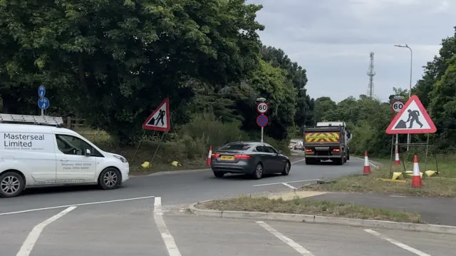 Another view of cars queuing to get on to the A14.