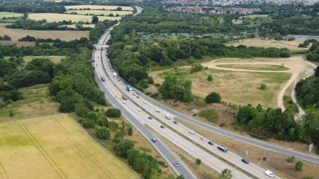 A drone image of the A14 carriageway.