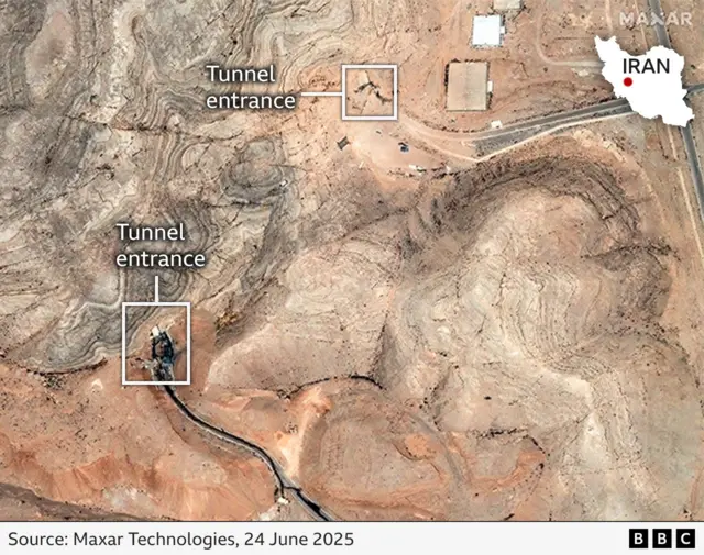 Satellite imagery highlighting two tunnel entrances at the Isfahan Nuclear Technology Centre in Iran.