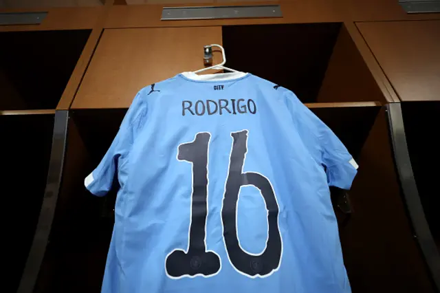 The shirt of Rodri #16 of Manchester City is pictured inside the dressing room