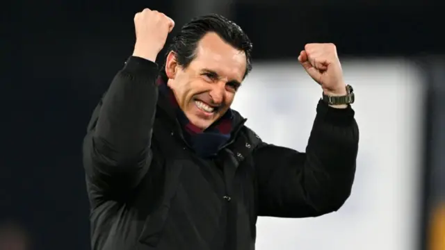 Unai Emery, Manager of Aston Villa, celebrates