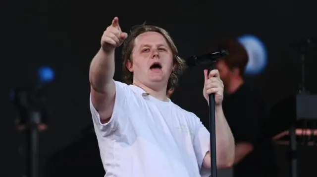 Lewis Capaldi performing on the Pyramid Stage at Glastonbury Festival 2023