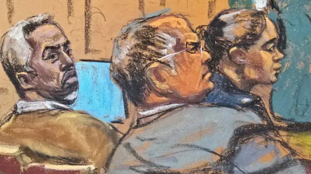 Sean "Diddy" Combs and his defense lawyers Marc Agnifilo and Nicole Westmoreland watch as prosecutor Emily Johnson announces the government has rested their case during Combs' sex trafficking trial in New York City, in this courtroom sketch.