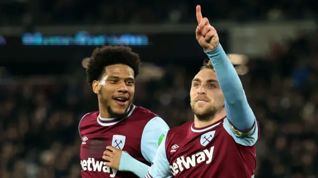 Jean-Clair Todibo celebrates with Jarrod Bowen after the latter scores for West Ham