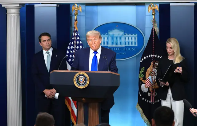 President Donald Trump, joined by U.S. Deputy Attorney General Todd Blanche, speaks on recent Supreme Court rulings in the briefing room at the White House
