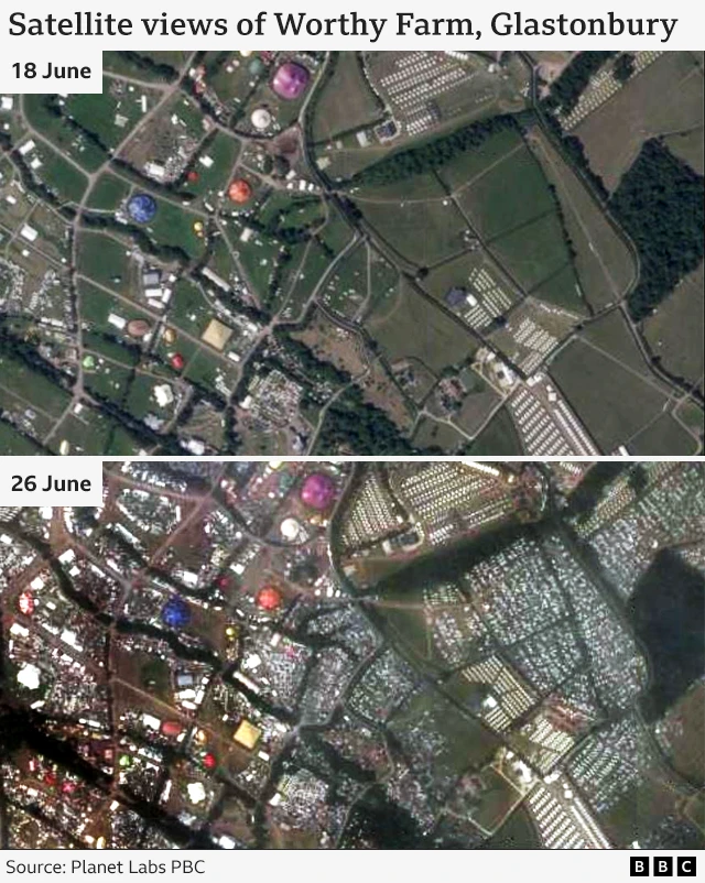 satellite views of Worthy Farm from 18 June (top) where there are some stalls and stages but no tents and 26 June (bottom) with rows and rows of tents