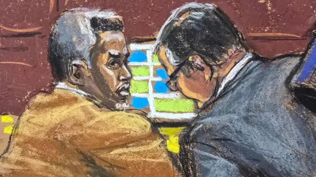 a courtroom sketch shows Sean "Diddy" Combs and his defense lawyer Marc Agnifilo watch as Joseph Cerciello, a special agent for Homeland Security Investigations, is questioned by defense lawyer Teny Geragos during Combs' sex trafficking trial in New York