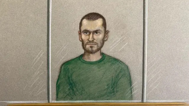 Marcus Monzo sits and stares straight ahead in a court sketch drawing of him in the dock. He wears a green jumper and has short, shaven hair.
