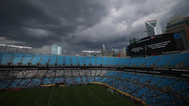 Storm clouds roll above the Bank of America Stadium