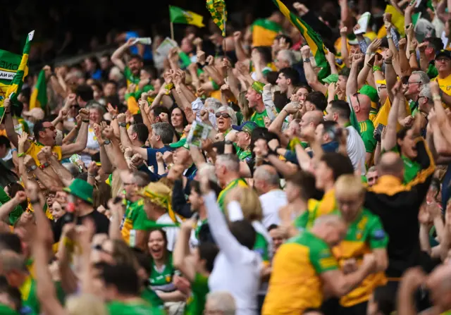 Donegal supporters celebrate their side's first goal during the GAA Football All-Ireland Senior Championship quarter-final