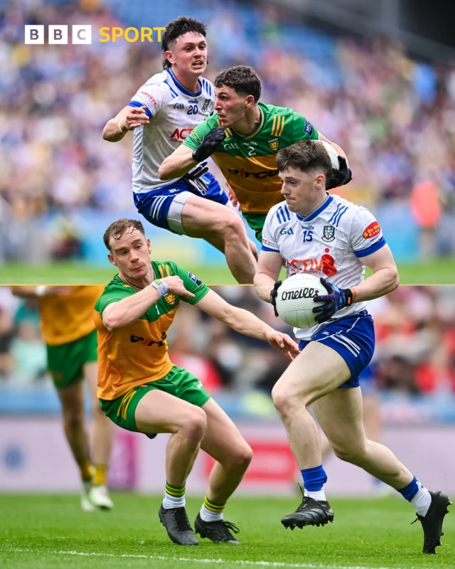 Action from the All-Ireland Senior Championship quarter-final match between Monaghan and Donegal at Croke Park in Dublin