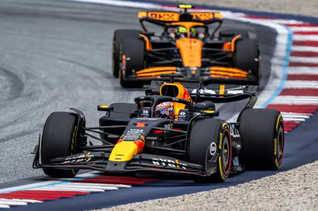 Max Verstappen and Lando Norris on track in Austria in 2024