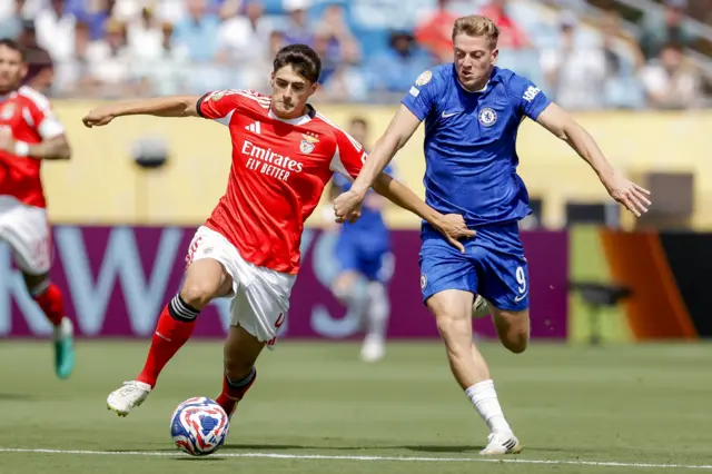 Liam Delap battles for the ball