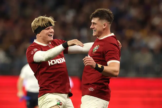 Dan Sheehan (R) of the British & Irish Lions celebrates with team mate Henry Pollock