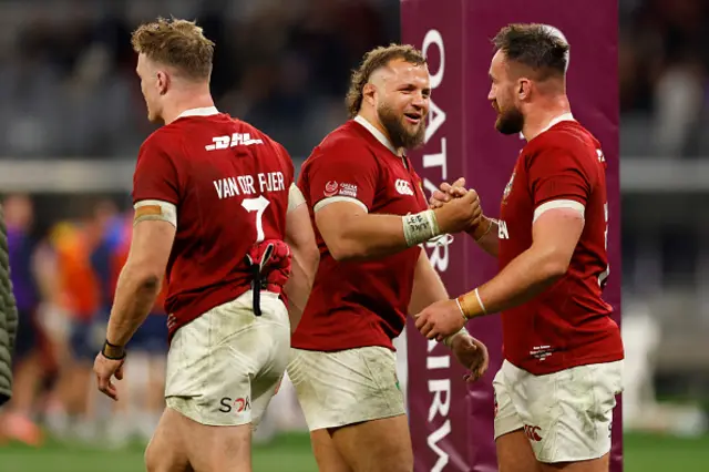 Pierre Schoeman of the British Lions shakes hands with his team mates